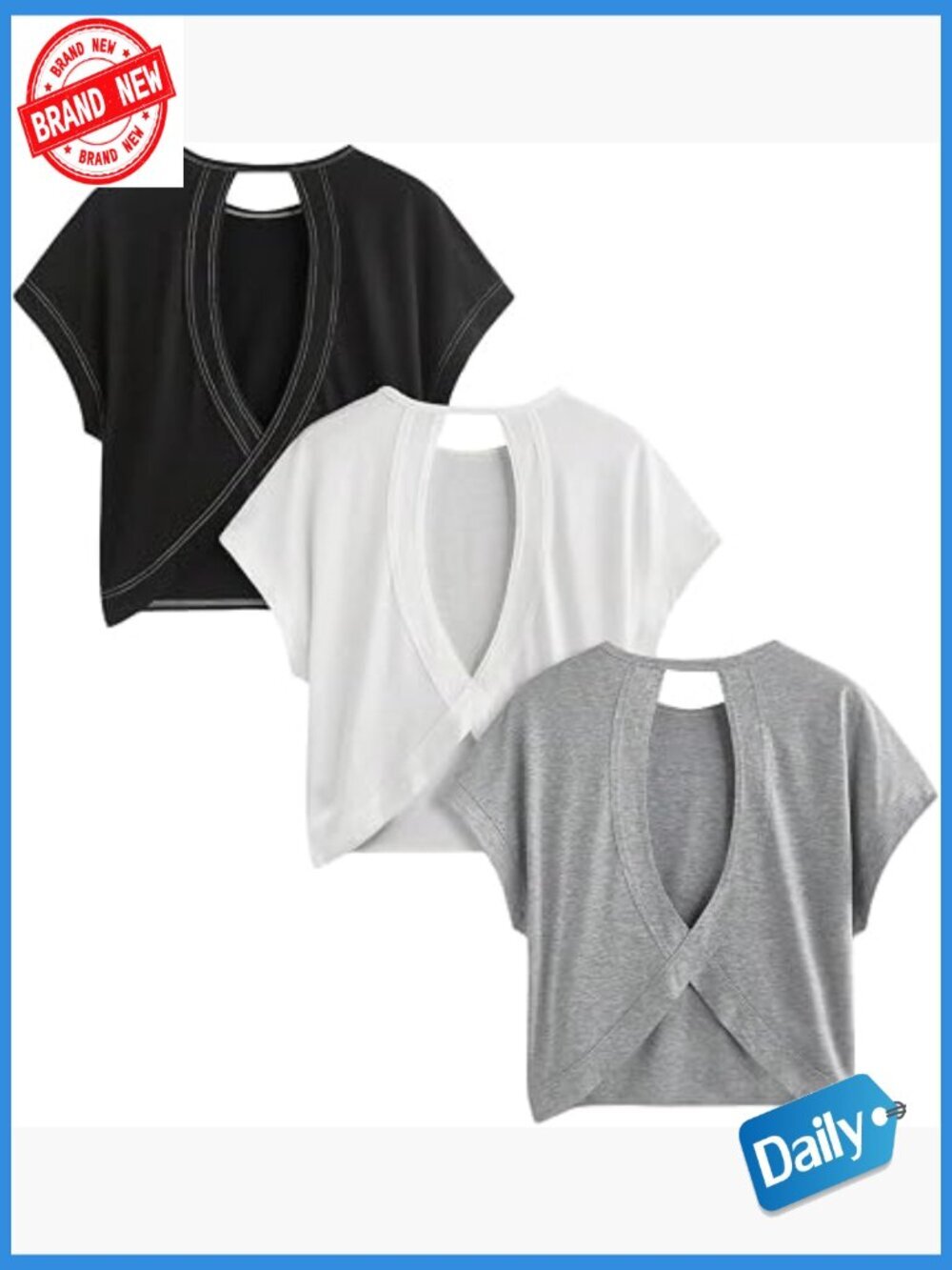 3 Pack Open Back Tops Short Sleeve Crew Neck Cut Out Tee Shirts